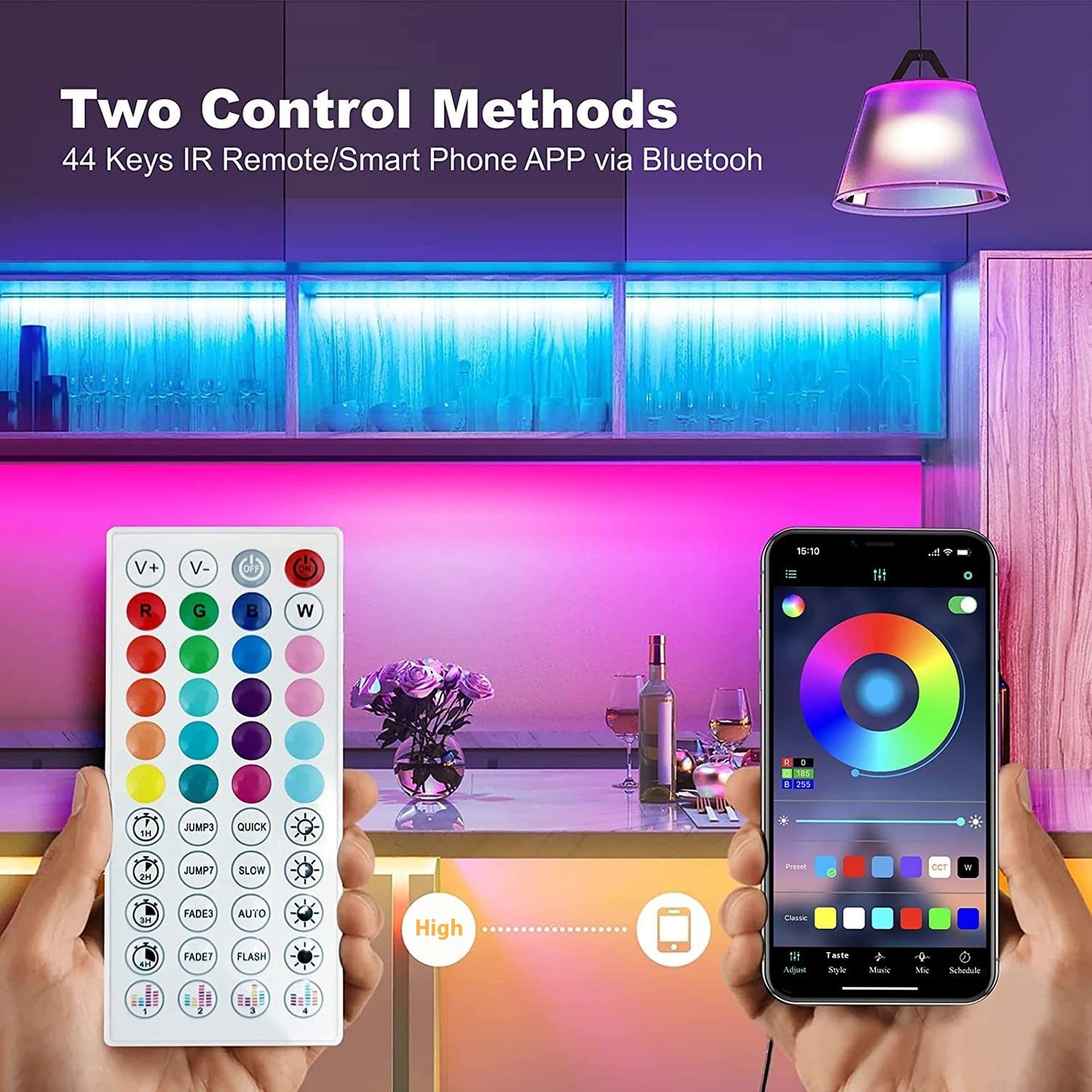 RGB LED strips on a desk setup with app and remote control