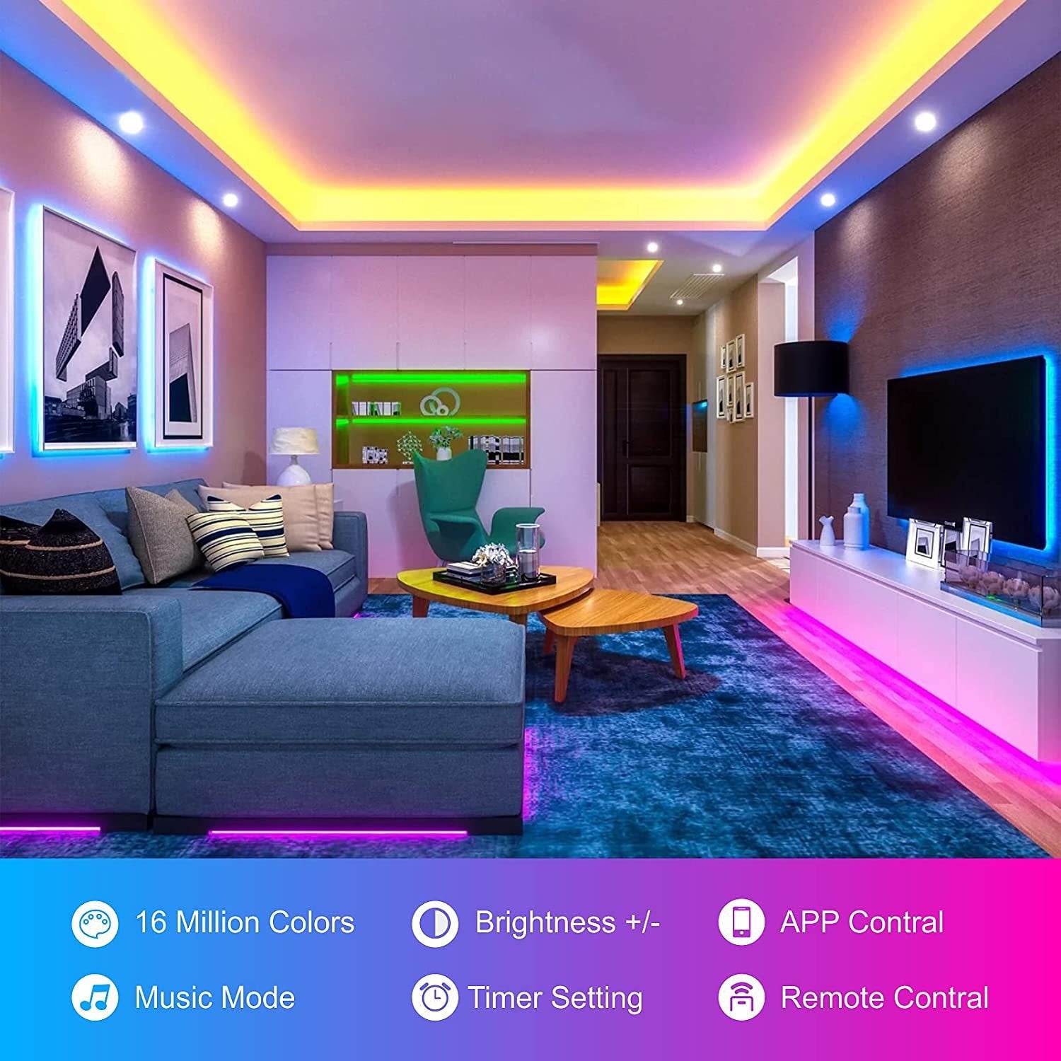 RGB LED strip lights lighting up a living room