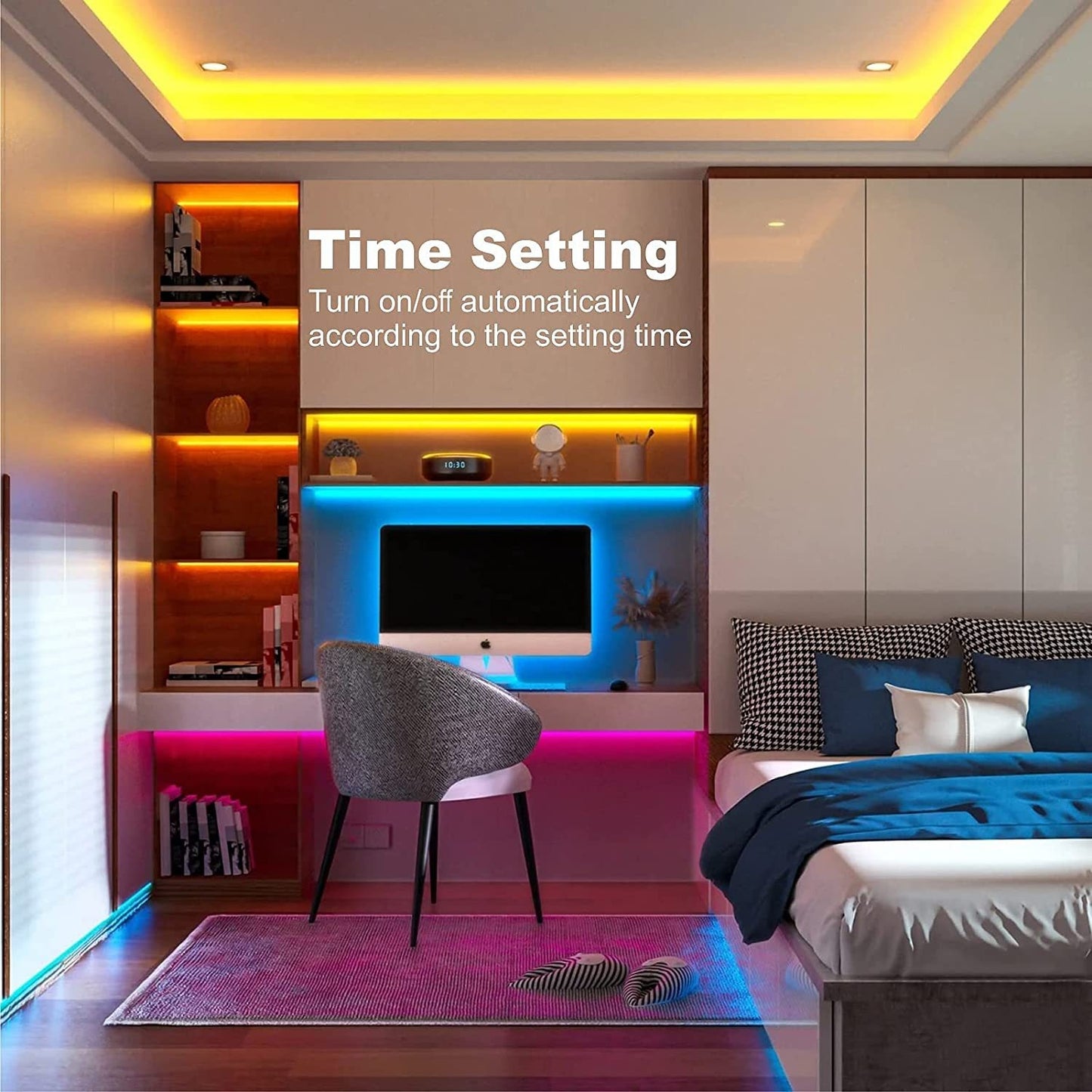 RGB LED strip lights glowing in a cozy bedroom cove