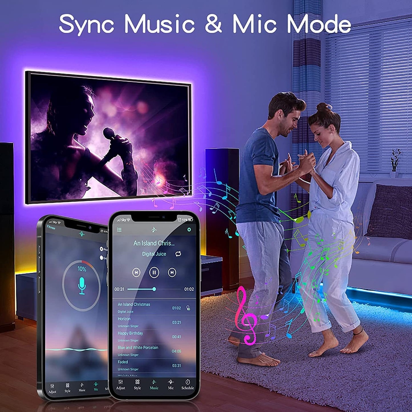 LED strip lights syncing to music