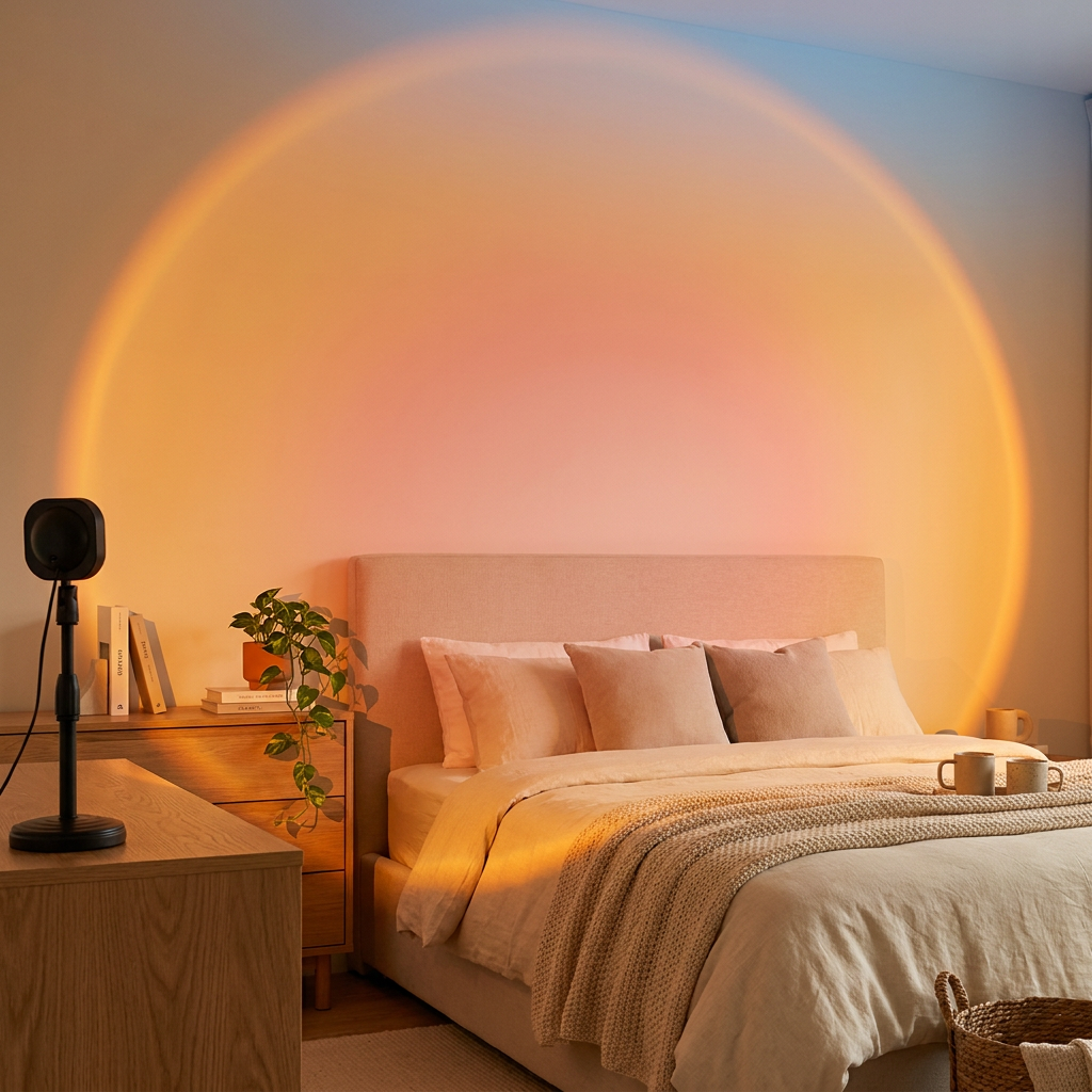 Sunset Lamp projecting a warm golden-hour sunset across a cozy bedroom wall