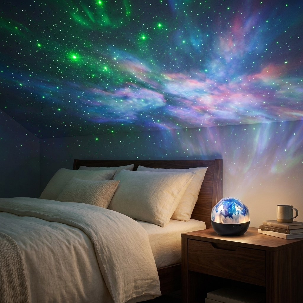 Galaxy Star Projector filling a cozy bedroom ceiling with stars and nebula