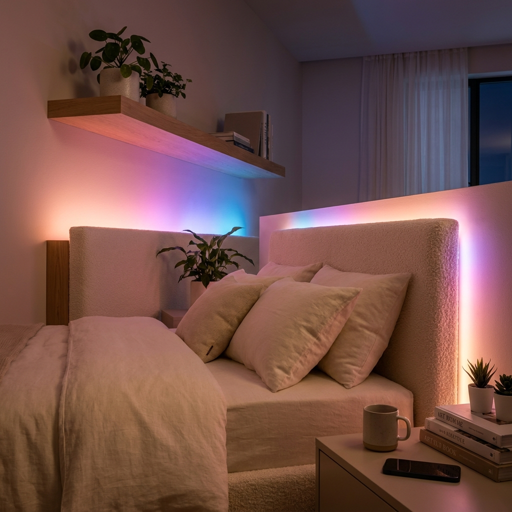 RGB LED strip lights glowing pink and purple behind a cozy bedroom headboard